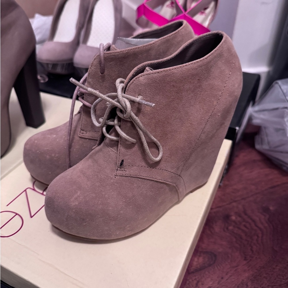 Suede Lace-Up Wedge Booties